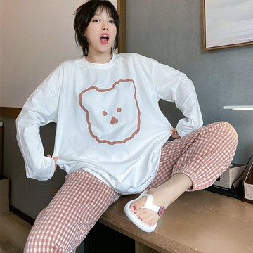 睡衣女日系の格子小熊可愛卡通長袖長褲胖mm可外穿寬松居家服套裝