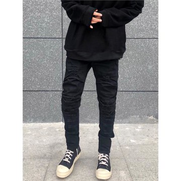 歐美潮牌FOG破洞牛仔褲補丁男士修身休閑長褲潮流高街小腳褲黑色