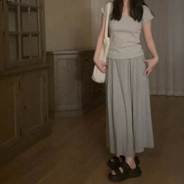 好垂感 春夏薄款 懶人休閑 居家遛彎 松緊腰 麻灰色 長裙 裙子 W