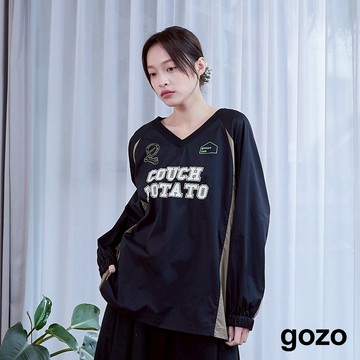 【gozo】沙發馬鈴薯V領運動風拼接上衣(黑色/米色_F) | 女裝 V領 休閒