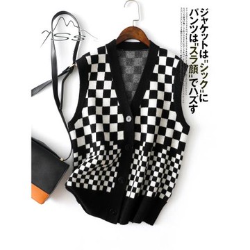 有色棋盤格開衫v領針織羊絨馬甲