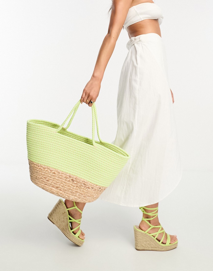 Vero Moda wicker and rope beach bag in yellow