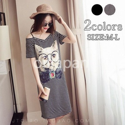 ワンピース Bigプリント 猫 可愛い ボーダー おしゃれ 個性的 半袖 肩出し ワンピース レディース 通販 Lineポイント最大get Lineショッピング
