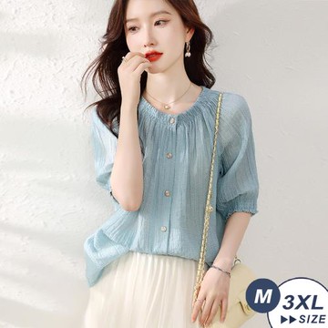 【LANNI 藍尼】★空氣感泡泡紗燈籠袖百搭襯衫(春夏/五分袖/圓領/雪紡紗)