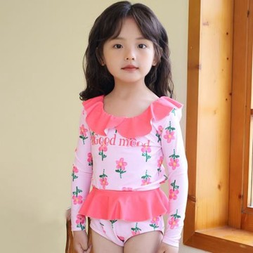 ins寶寶泳衣小花女童長袖 連體泳裝可愛嬰幼兒童度假游泳衣帶泳帽