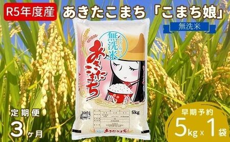 定期便  令和5年産 『こまち娘』あきたこまち 無洗米  5kg×1袋3ヶ月連続発送（合計15kg）吉運商店 秋田県 男鹿市