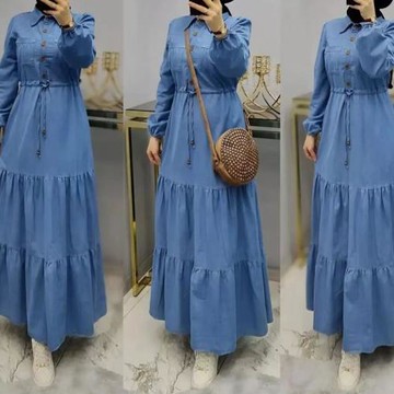 中東阿拉伯迪拜藍色拼接長裙時尚牛仔連衣裙 Fashion denim dress