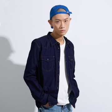 經典格紋長袖襯衫(拔洗藍)-男