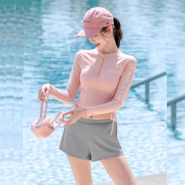 Biki.泳衣M-2L普斯長袖拉鍊側縮繩二件式短褲泳裝