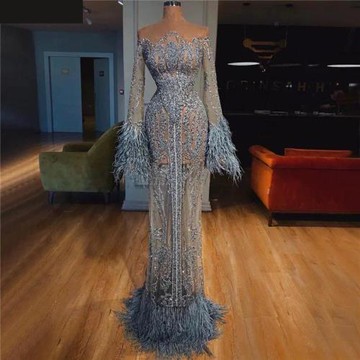 【女婚紗禮服】優雅羽毛長袖晚禮服名媛宴會主持人演奏魚尾長裙LA60932