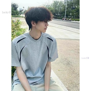 🔥熱銷男装🔥灰色解構拼接設計感短袖男夏季男生ootd穿搭半袖美式重磅正肩t恤