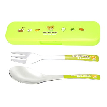 Green Bell 綠貝 鄉村熊 304不鏽鋼  餐具盒 + 湯匙 + 叉子  綠色  1組