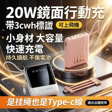 🚚高雄出貨💥鏡面行動電源 3C標示Wh 20000mAh大容量行動電源 自帶四線 電量顯示 隨身充 3c 行動電源