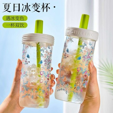 🌸好貨優選🌸冷感變色吸管杯高硼硅玻璃杯簡約高顏值家用冷泡杯新款冷飲果茶杯