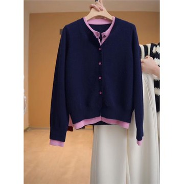 春裝洋氣撞色假兩件針織衫女設計感羊絨小衫時尚高端毛衣開衫外套