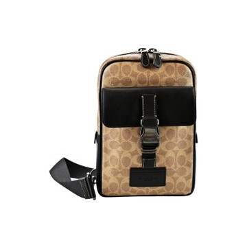 COACH棕色C Logo PVC拼接黑色真皮前扣袋單肩胸背斜後背男包