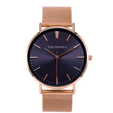 Hera 簡約中性款金屬腕錶 深藍面-米蘭玫金