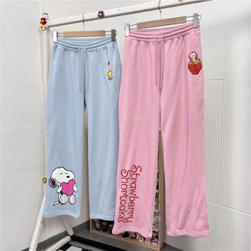 加絨直筒史努比小草莓印花百搭寬松版型加絨松緊腰抽繩款衛褲長褲
