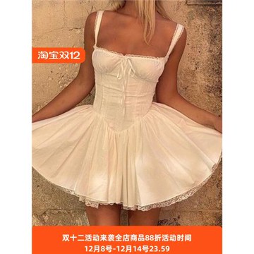 法式芭蕾風設計感蕾絲拼接吊帶連衣裙女夏收腰顯瘦性感辣妹A字裙