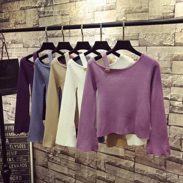 春裝新款韓國露肩針織衫女套頭長袖純色打底衫修身短款喇叭袖上衣