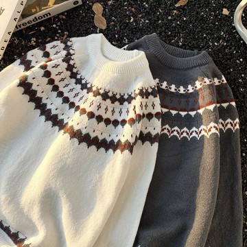 工裝美式復古重磅冰島毛衣男 圓領費爾島提花慵懶風針織衫秋冬