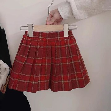 女童紅色毛呢格子短裙春秋冬韓版兒童學院風百褶裙親子時尚半身裙