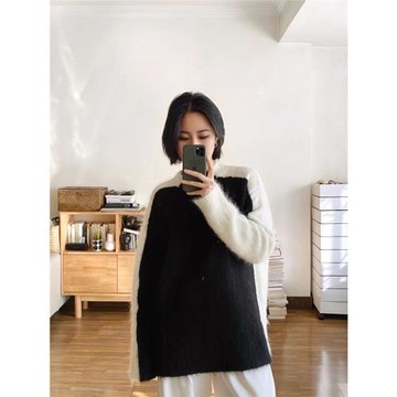 軟糯羊駝毛前后撞色圓領大毛衣2025秋冬新款慵懶風寬松套頭上衣