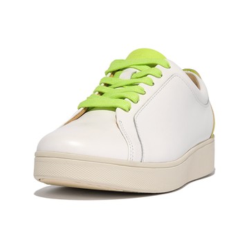 FitFlop RALLY NEON POP LEATHER SNEAKERS 螢光撞色繫帶休閒鞋-女(都會白/螢光黃)