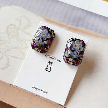 Xi茜作 設計師款 純手工 黑彩寶石形 輕奢真花 幹花耳夾 純銀耳釘