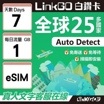LINKGO白鑽卡 全球25國 eSIM卡 7天上網卡 每日1GB(全球網卡 亞洲 歐洲 美洲 大洋洲 非洲)