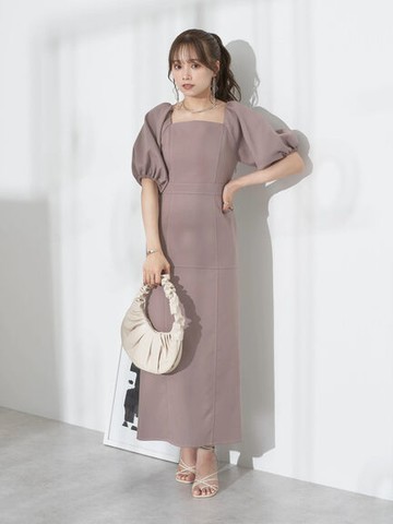 配色縫線合身高腰泡泡袖方領剪裁洋裝(1D32L0H0300) - earth music&ecology