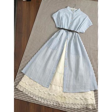 法式學院風藍色條紋襯衫連衣裙子女夏季2025新爆款小個子氣質長裙