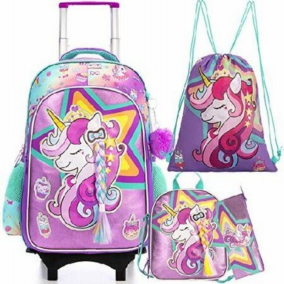 Unicorn Rolling Backpack for Girls School Backpack with Wheels,3 in 1 Kids Rolling Backpack with Lunch Box Pencil Case,Trolly Backpack for  並行輸入品