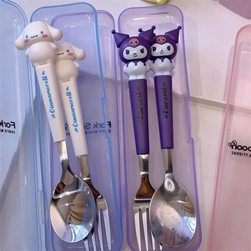 臺灣/✨環保餐具 可愛餐具 可愛造型不銹鋼庫洛米大耳狗勺叉子學生上班族帶飯獨立餐具收納盒 便攜餐具 不鏽鋼餐具