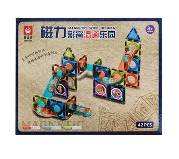 魔磁樂園 磁力彩窗滑道樂園42pcs 兒童磁力積木 軌道滾珠 百變磁力片 兒童拼搭玩具cf1533