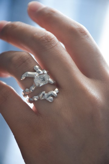 白水晶原石礦石純銀多圈纏繞開口戒指