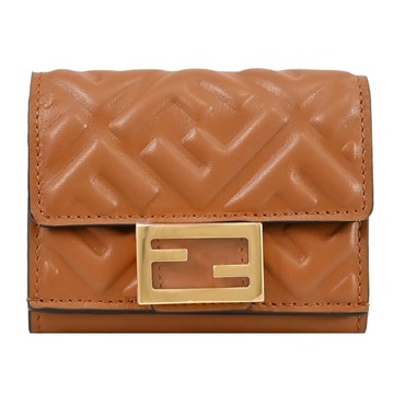 FENDI FF LOGO壓花NAPPA皮革三折小短夾.咖