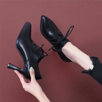 特價清倉2024年新款秋時尚內防水臺增高尖頭粗跟高跟系帶單鞋女