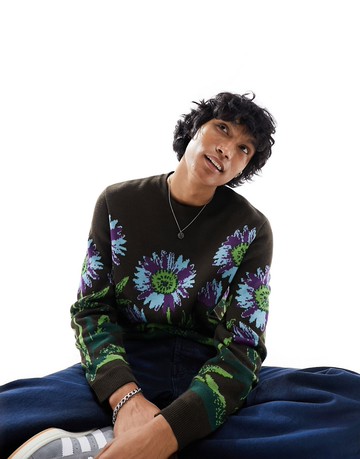 ASOS DESIGN relaxed knitted jumper with floral design in brown-White