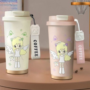 野有上秋小天使雙飲保溫杯吸管便攜大容量水杯不鏽鋼保冷杯咖啡女生日禮物 禮物
