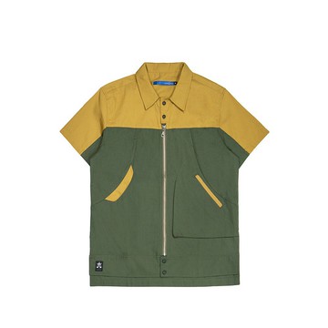 拼色短袖拉鍊襯衫-墨綠