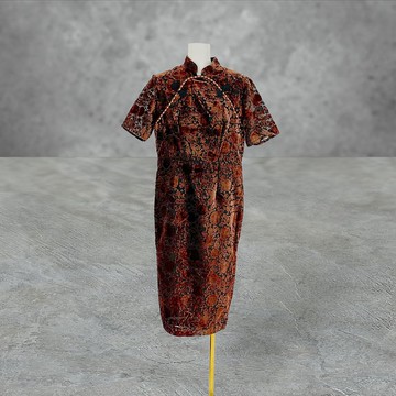 咖啡黑 薄紗 織紋絨 輕薄 拼接 織帶 古董訂製 短袖 旗袍 PF420