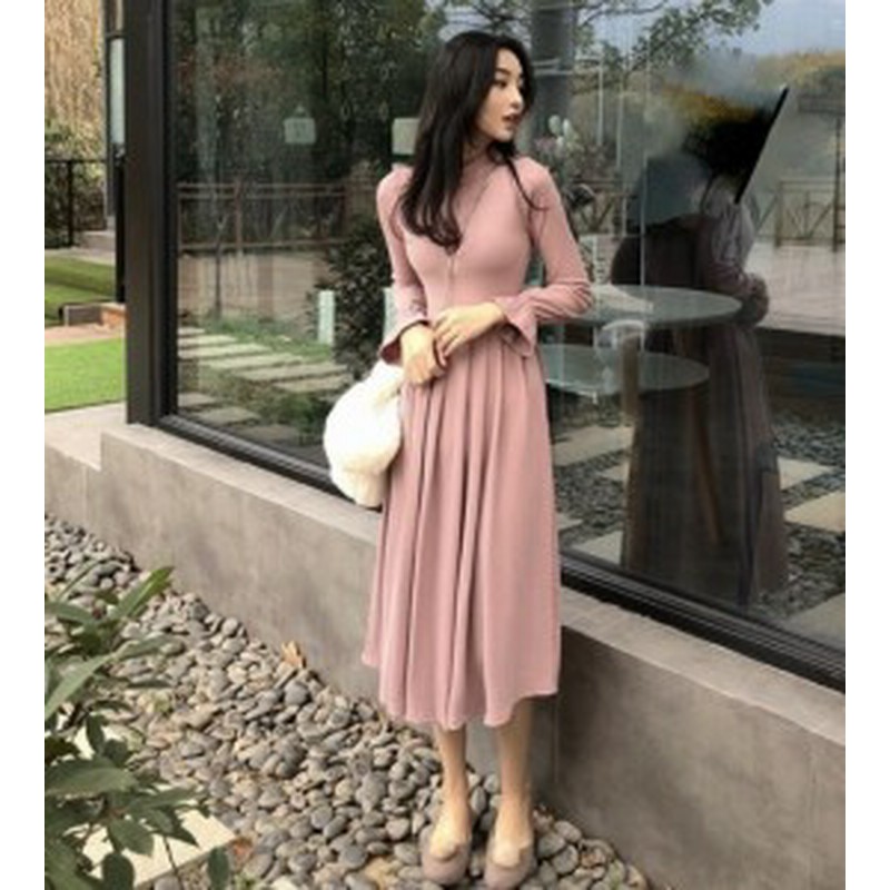 Aラインフレアきれいめニットワンピース ピンク 春夏 ハイネック ハイウェスト 通販 Lineポイント最大1 0 Get Lineショッピング