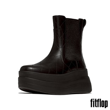 【FitFlop】F-MODE 厚底菱格紋皮革高筒切爾西靴-女(靚黑色)