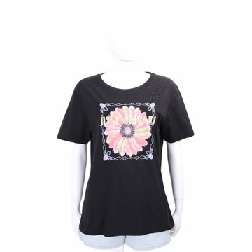 Just cavalli 羽毛花朵圖騰黑色純棉短袖TEE T恤