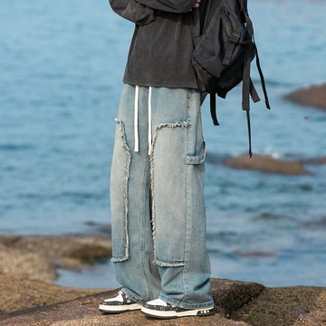 潮牌復古水洗牛仔褲 寬鬆直筒牛仔褲 拖地褲 墜感闊腿褲 美式高街牛仔褲 復古牛仔褲 做舊牛仔褲 牛仔寬褲 牛仔長褲