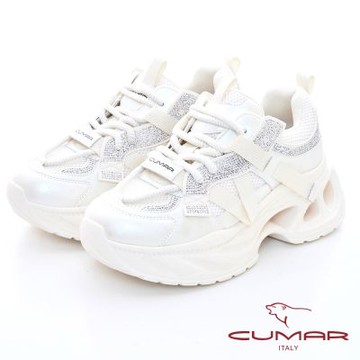【CUMAR】厚底排鑽綁帶休閒鞋-米色