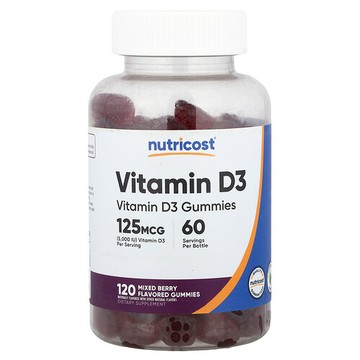 Nutricost, 維生素 D3 軟糖，什錦漿果味，125 微克，120 粒（每粒軟糖 62.5 毫克）