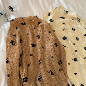 落落狷介高領打底衫女花色打底T恤長袖褶皺內搭上衣外套2025春裝