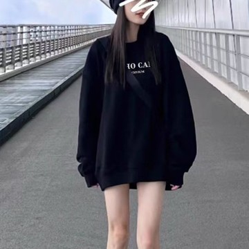 愛依依  帽T  大學T 學院風 學生上衣 中長款M-2XL秋季寬鬆慵懶風美式學生字母印花圓領衛衣-9272.